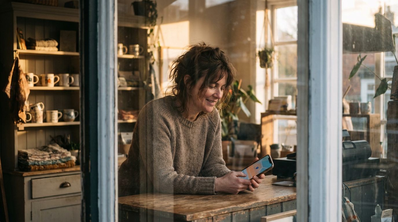 Seen through her storefront window, a small shop owner leans on the counter and checks a local map search result on her phone