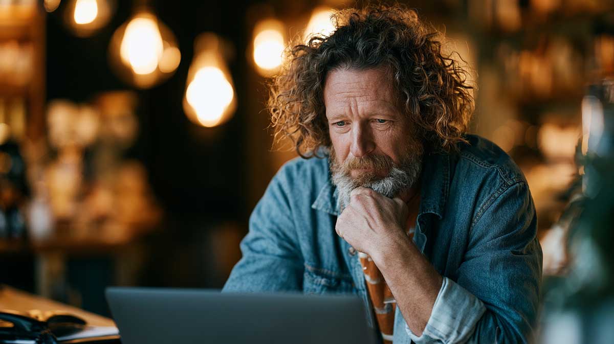 A small business owner looking at their sleek but quiet website on a laptop with a silent phone beside it