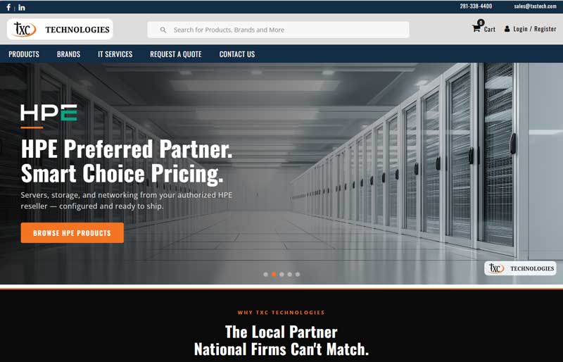 TXC Technologies e-commerce website showing HPE server products and enterprise IT solutions